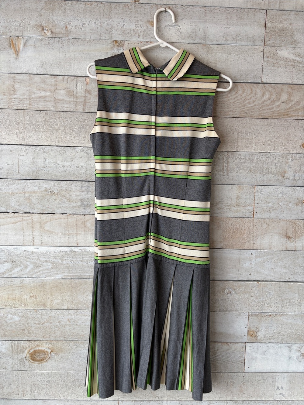 Vintage 1960s Mod Twiggy Style Pleated Drop Waist Dress | Retro Striped Midi - Picture 3 of 12